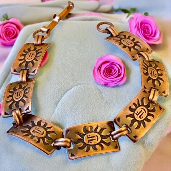 Copper Bracelet Vintage Sun Face Rectangular Links Southwestern Boho - Picture 5 of 11